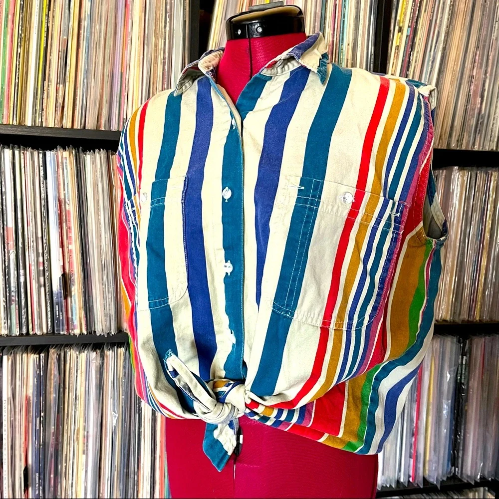 90s y2k vintage striped button down cotton - Picture 1 of 7